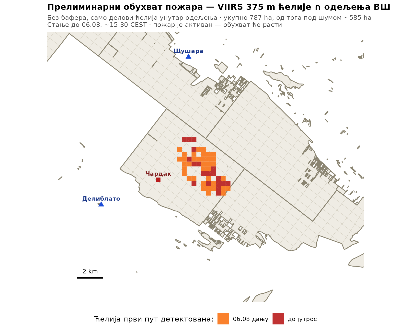 Konzervativni obuhvat požara na Deliblatskoj peščari, stanje 7. avgusta ujutro — VIIRS ćelije preko odeljenja