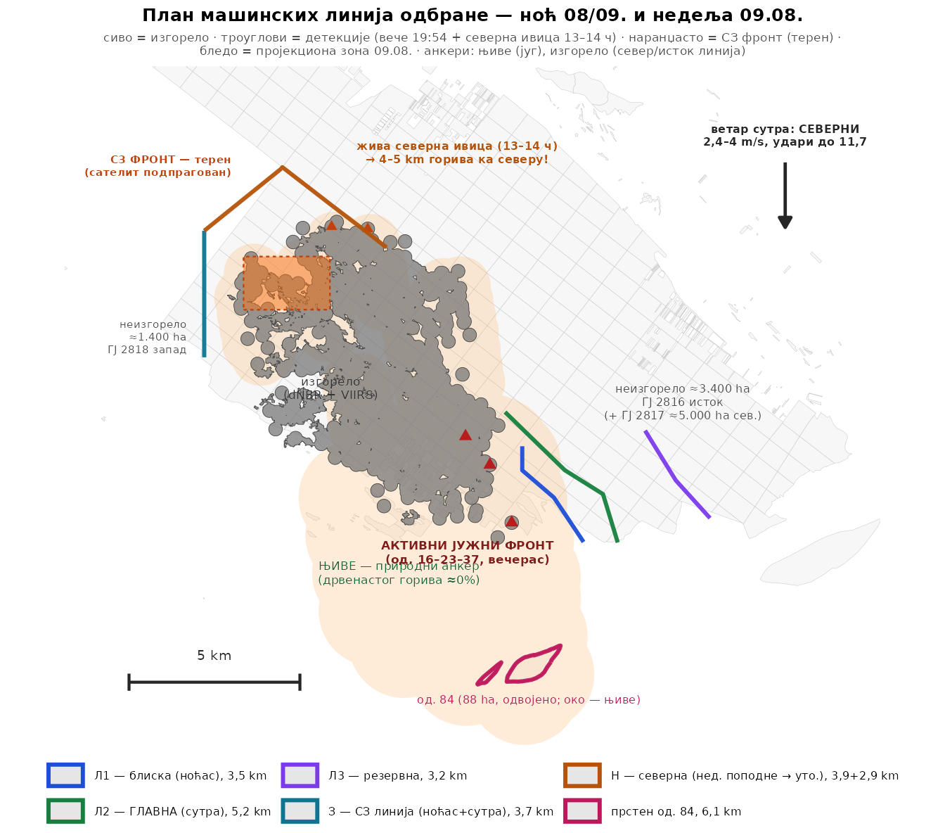 NIMOS — mapa plana mašinskih linija odbrane za Deliblatsku peščaru sa linijama L1, L2, L3, Z i N
