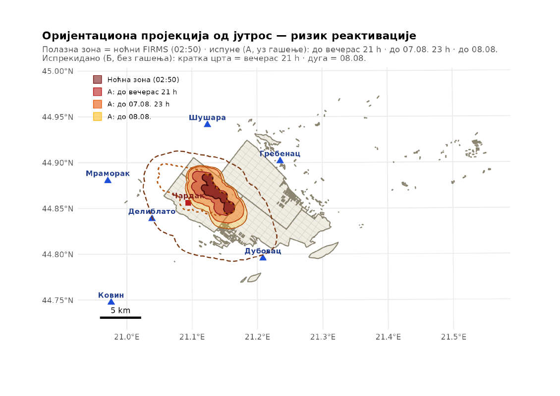 Karta projekcije širenja požara na Deliblatskoj peščari sa zonama rizika reaktivacije za 06, 07. i 08. avgust 2026