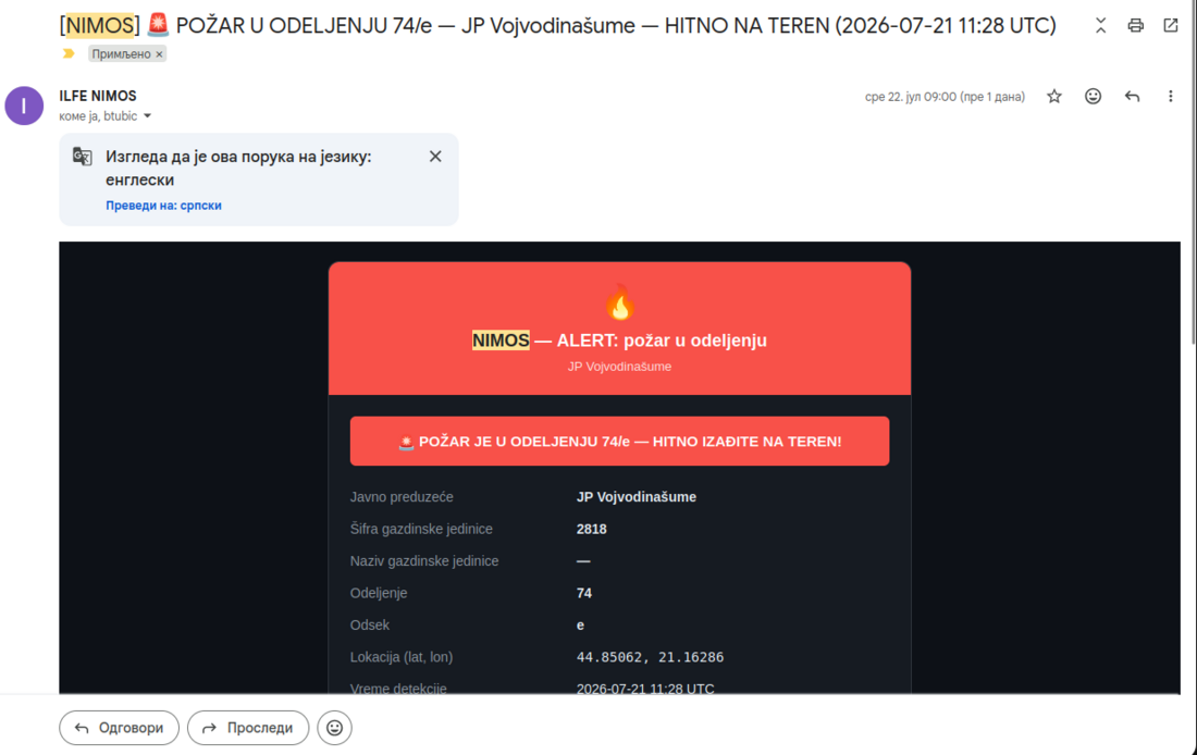 NIMOS alarm za požar u odeljenju 74/e sa tačnom lokacijom