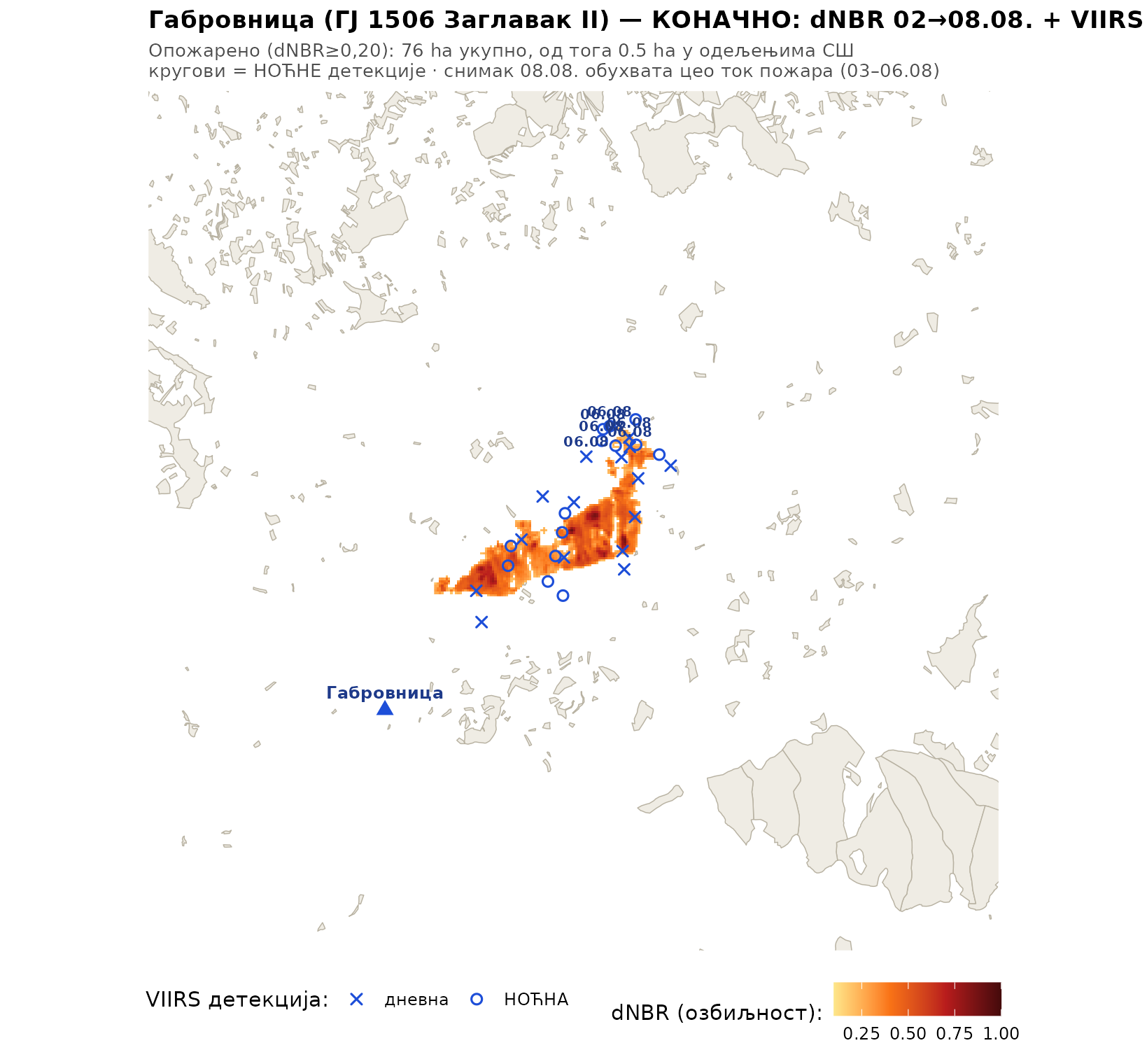 NIMOS — studija slučaja Gabrovnica: konačna dNBR mapa požara i satelitska provera statusa