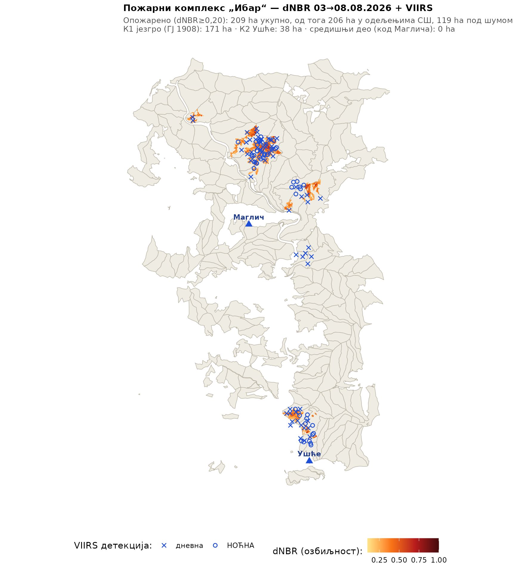 dNBR mapa požarnog kompleksa Ibar iz snimka Sentinel-2 — stvarni ožiljak od ~209 ha u zonama K1 i K2, srednja zona bez trajnog ožiljka