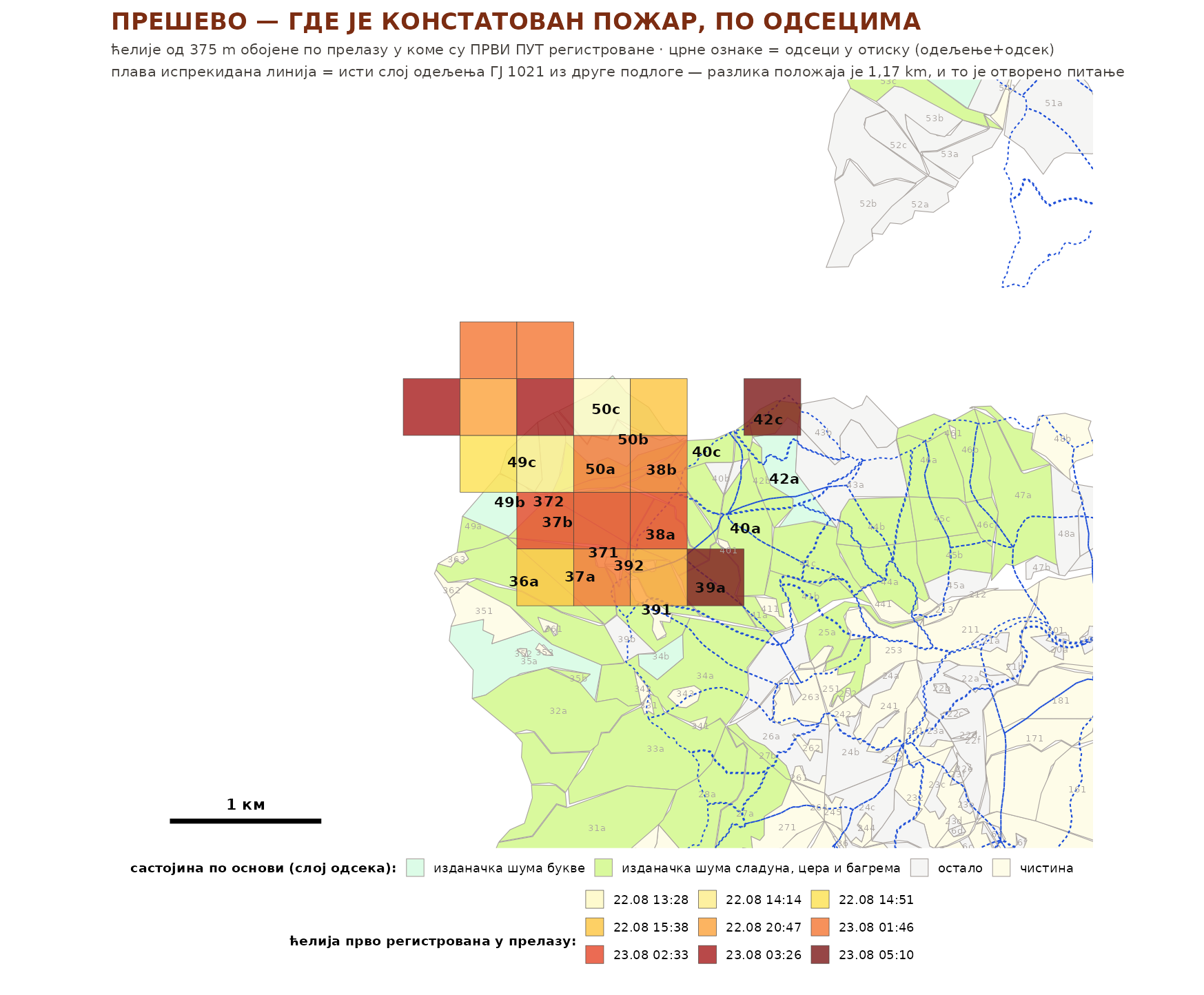 NIMOS — studija slučaja požara kod Preševa: otisak po satelitskim prelazima preko sloja odseka GJ 1021