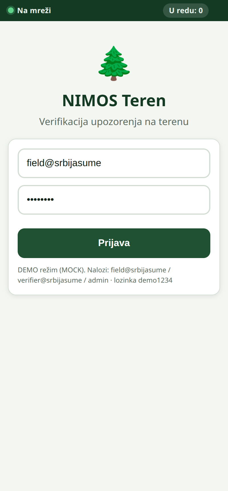 Skrinšot NIMOS‑Teren — ekran za prijavu