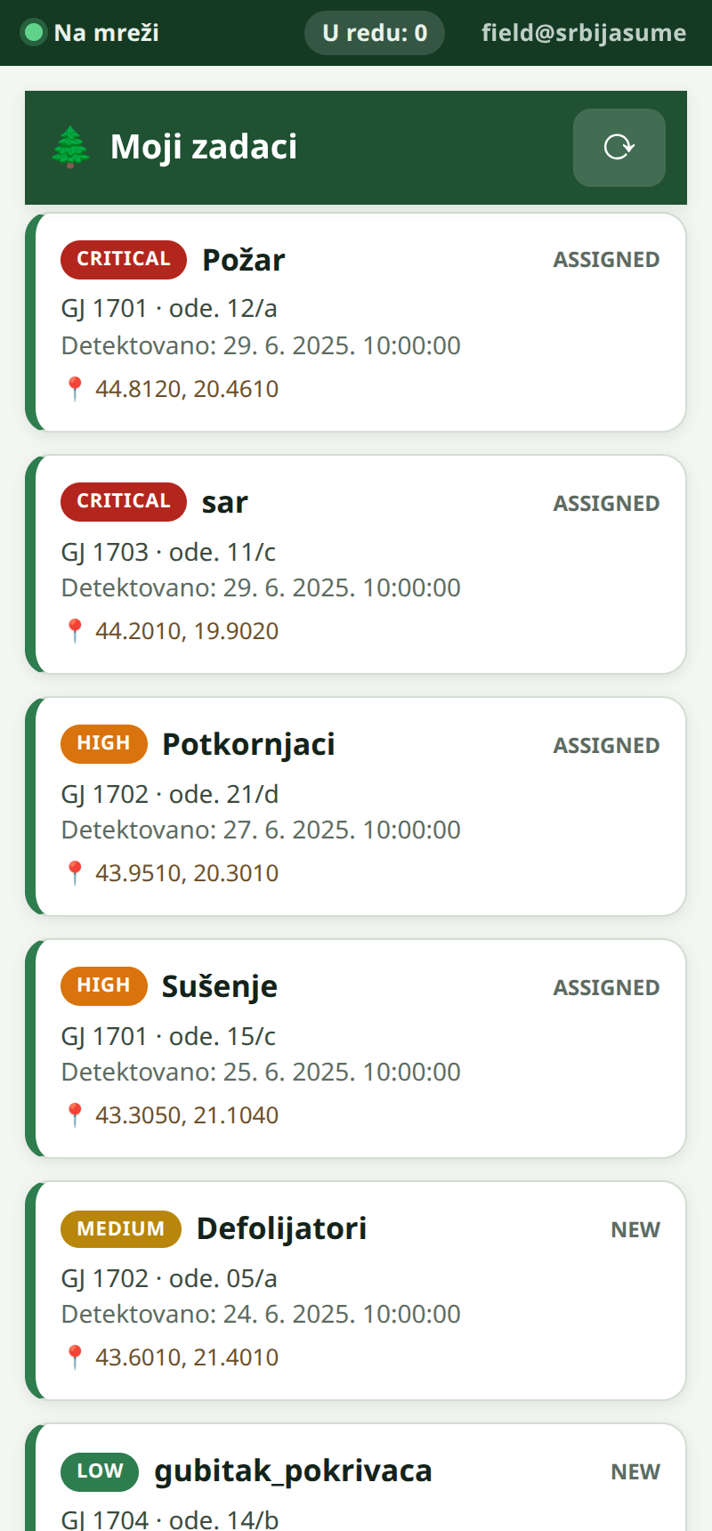 Skrinšot NIMOS‑Teren — lista zadataka