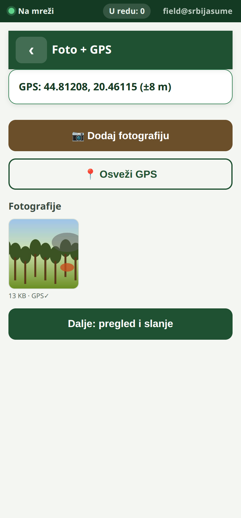 Skrinšot NIMOS‑Teren — kamera i GPS
